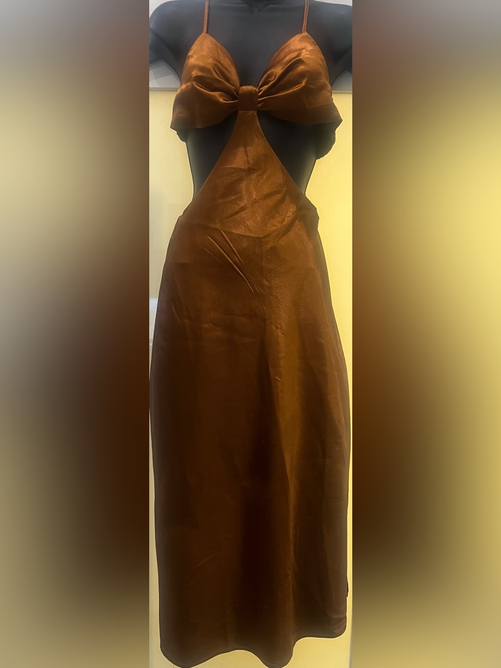 LULU’S  Satin Bow-Front Cutout Maxi Dress in Copper Brown Size S